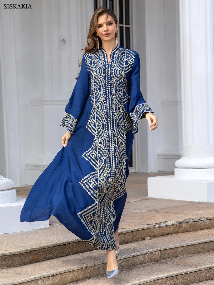 Siskakia Fashion Dubai Women Dress Floral Embroidery Abayas Long Sleeve Notched V-Neck Loose Skirt Arabic Party Dress