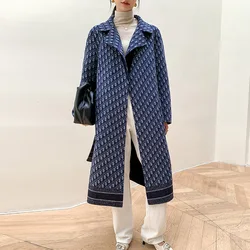 Double-Sided Wearable Autumn and Winter High-End Women's 100%Wool Overcoat Long Wild Coat Fashionable Dark Blue Women's Clothing