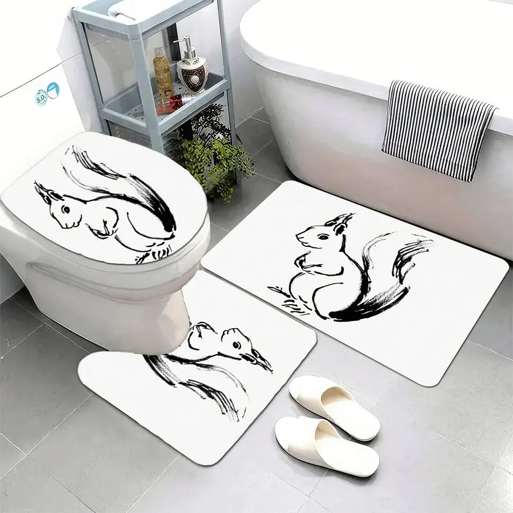 

Set of 3 Ultra-Soft Bathroom Floor Mats with Non-Slip Backing, Featuring a Charming Black Ink Illustration of a Cute Squirrel on
