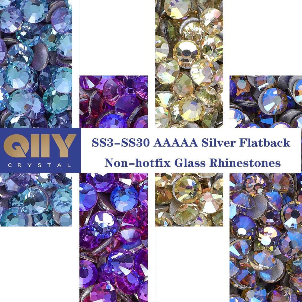 

QIIY SS3-SS30 High Quality Glass Rhinestones Bright Crystal AB Non-hotfix Silver Flatback Glue On 3D Stones For DIY Nail Art