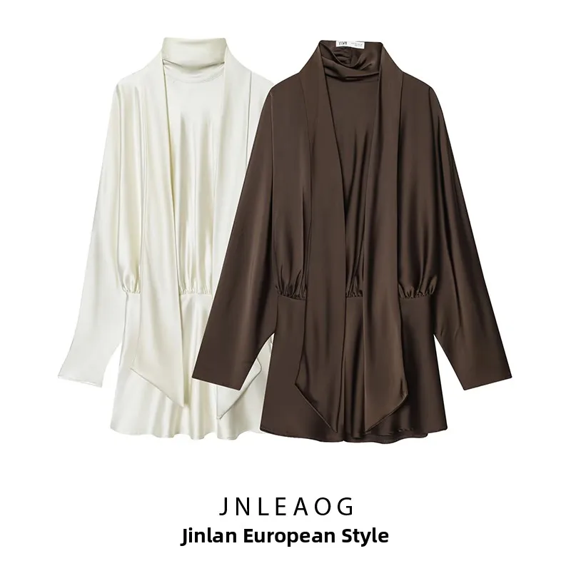 실크 새틴 느낌 스카프 장식 숏 드레스 우아한 품질 가을 신상 여성 패션 스트레이트 튜브 스커트 긴 소매 캐주얼 단색