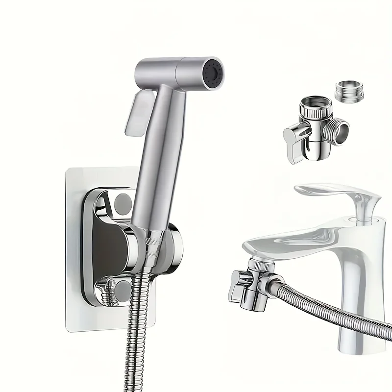 

Stainless steel toilet spray gun set - pressure washer with stand and hose, suitable for pet bathing and sink cleaning