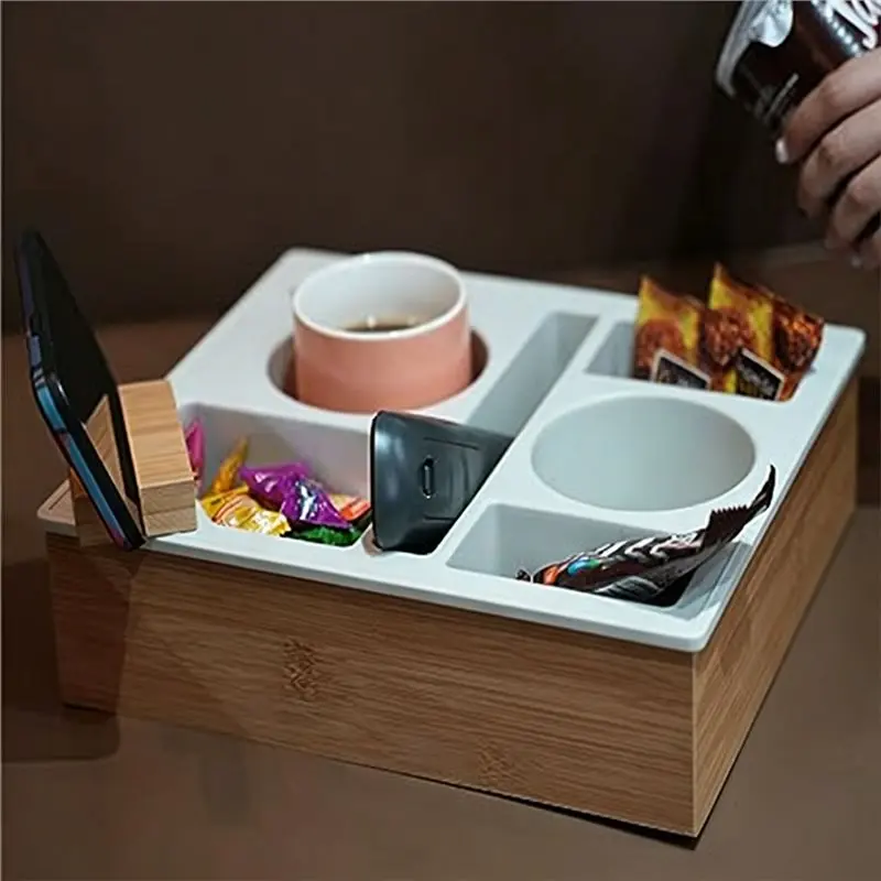 A03F-Couch Cup Holder Tray, Silicone Bamboo Rotatable Phone Holder For Bed Seat Organizer, Handy For Couch Accessories