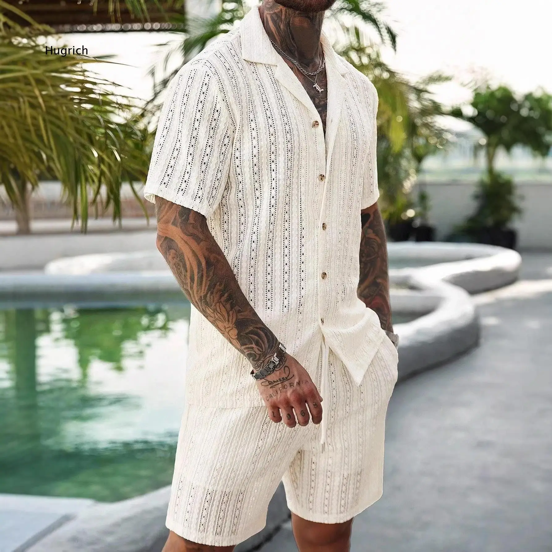 Mens Summer Matching Set Lapel Collar Short Sleeve Hollow Button Front Shirt And Drawstring Waist Casual Short Pants Outfit