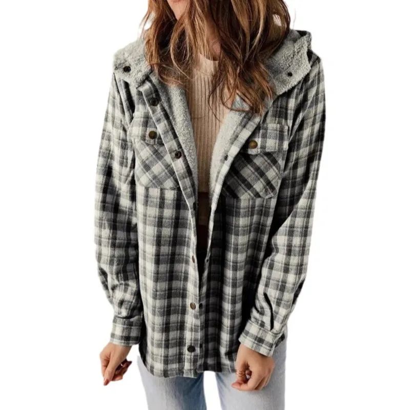 

JY Autumn and winter women's comfortable plaid jacket with long sleeves and fur hooded fashionable commuting jacket with pockets