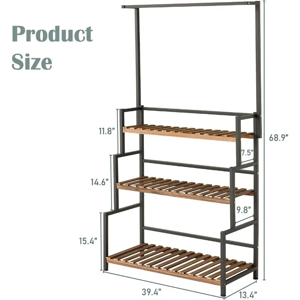 Hanging Plant Shelves Indoor 3-Tier Stand, Flower Pot Organizer Outdoor Shelf for Multiple Plants, Wood Rack with Metal Frame