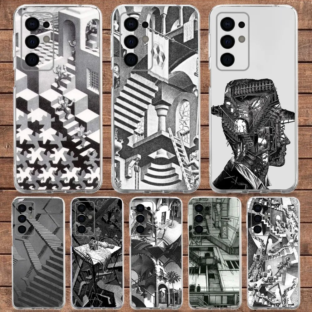 Art Escher Staircases Phone Case  For Samsung S30,S23,S21,S22,S20 Ultra,S20 FE lite,S10,S9,S8PIus Transparent Soft Cover