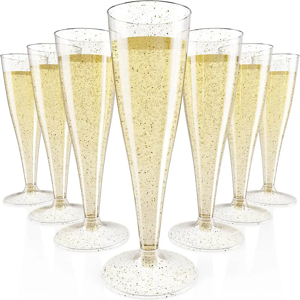 Plastic Champagne Flutes Disposable 4.5 oz Gold Glitter Plastic Champagne Glasses Perfect for Wedding,Thanksgiving Day,Christmas
