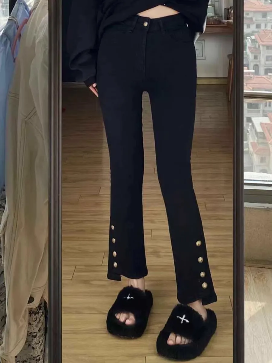 High Waist Bell Bottom Jeans Women's Spring Large Size Elastic Metal Buckle Nine Points Pants Black Slim Fit Commute Style