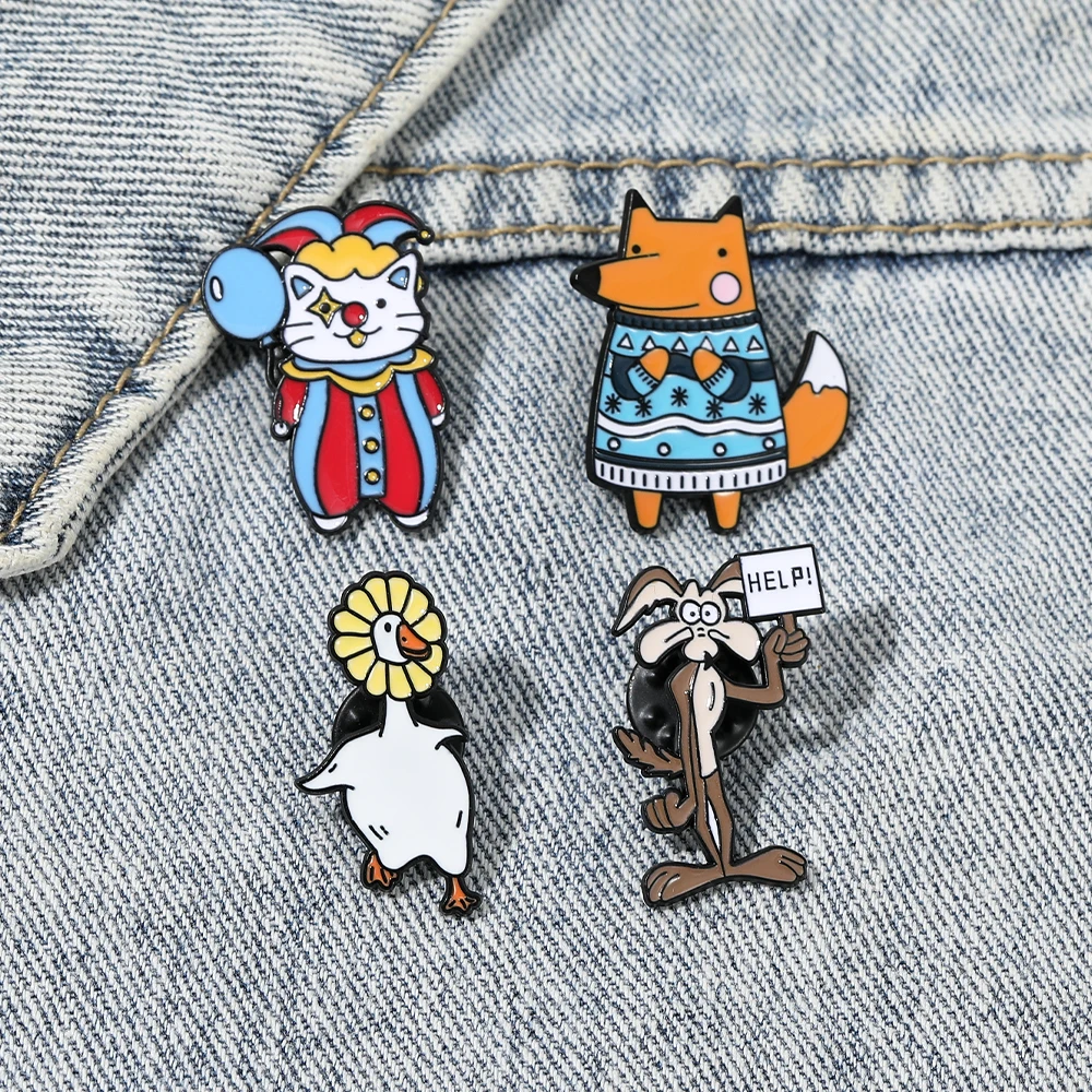4 Styles Funny Cartoon Animal Cosplay Enamel Brooches Cute Clown Cat Sweater Fox Flower Duck Design Pins For Women Badge
