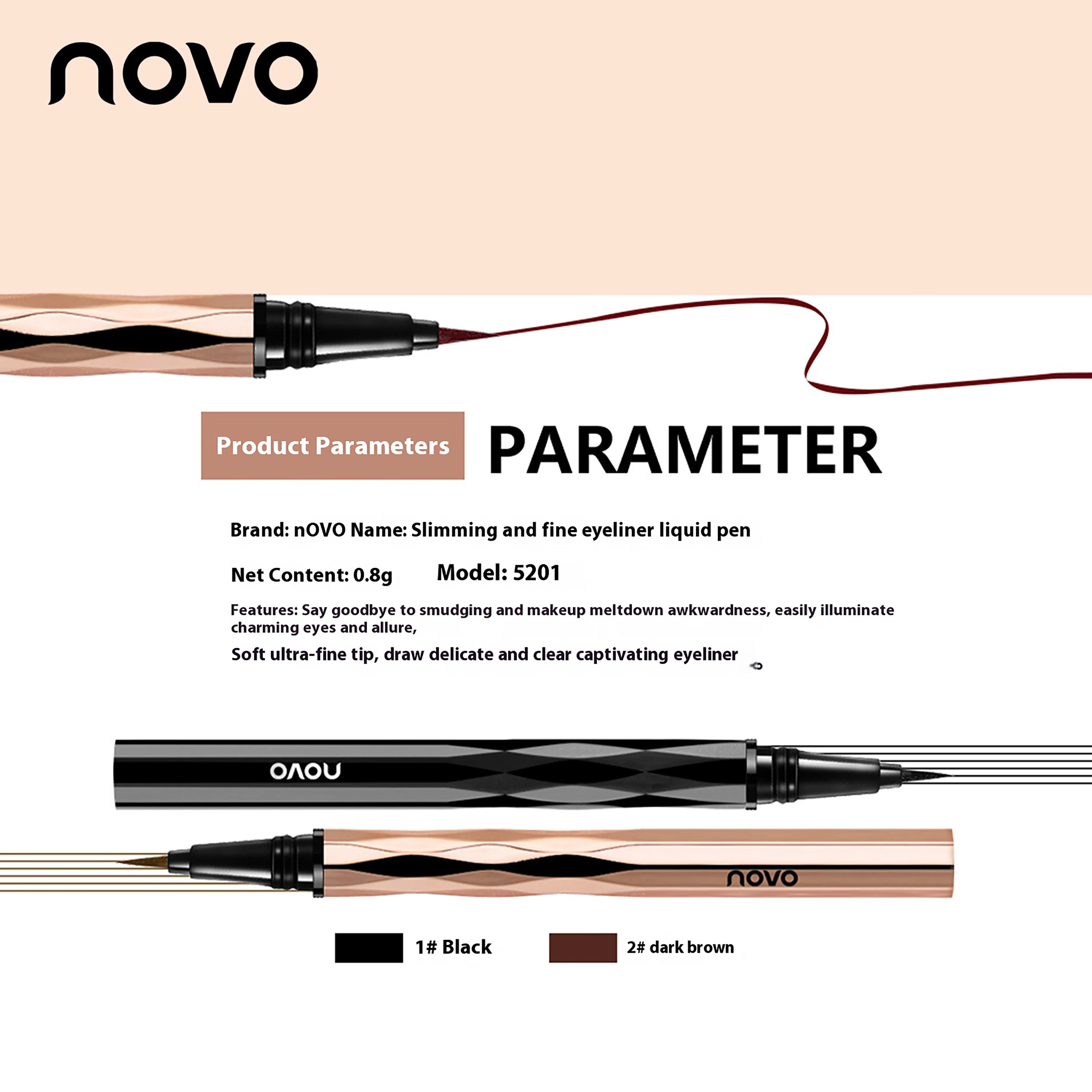 قلم كحل NOVO مقاوم للماء والعرق مع تركيبة ملونة سريعة التي يبقى ولا يتلطخ. #2