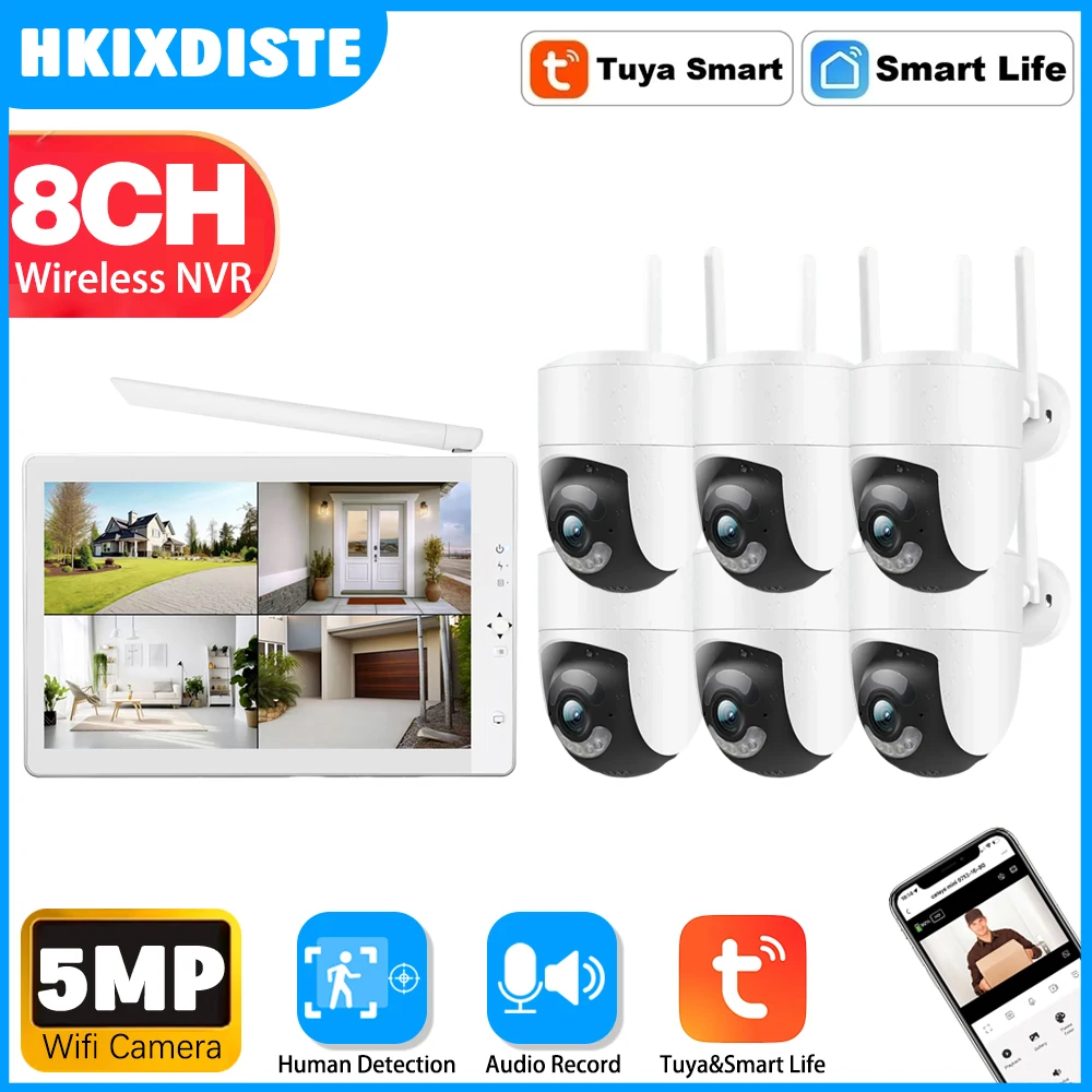 Smart Life Home 8CH 10.1 Inch LCD Screen WIFI NVR 5MP PTZ Camer Audio Video Surveillance Wireless WIFI CCTV Security Tuya System