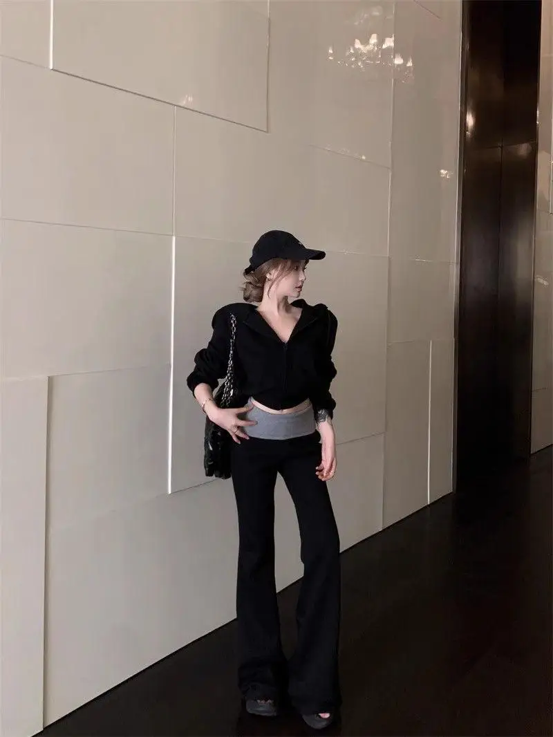 

Casual Vintage Lazy Hoodie Long Sleeve Women's Two-Piece Set Autumn Color Block Flared Pants Matching Jacket Outerwear