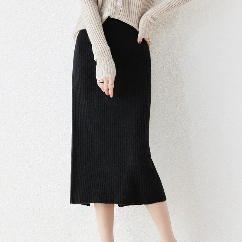 2024  Autumn and winter new merino wool women's skirt thickened knitted and thin versatile split fork solid color hip skirt