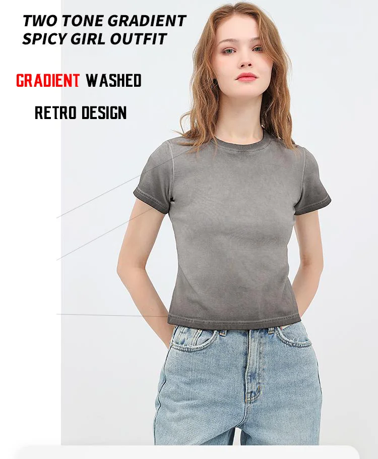 

Женская однотонная тонкая футболка с градиентом 240GSM, мягкая хлопковая уличная одежда, повседневная одежда с короткими рукавами, крутая одежда в стиле ретро для женщин