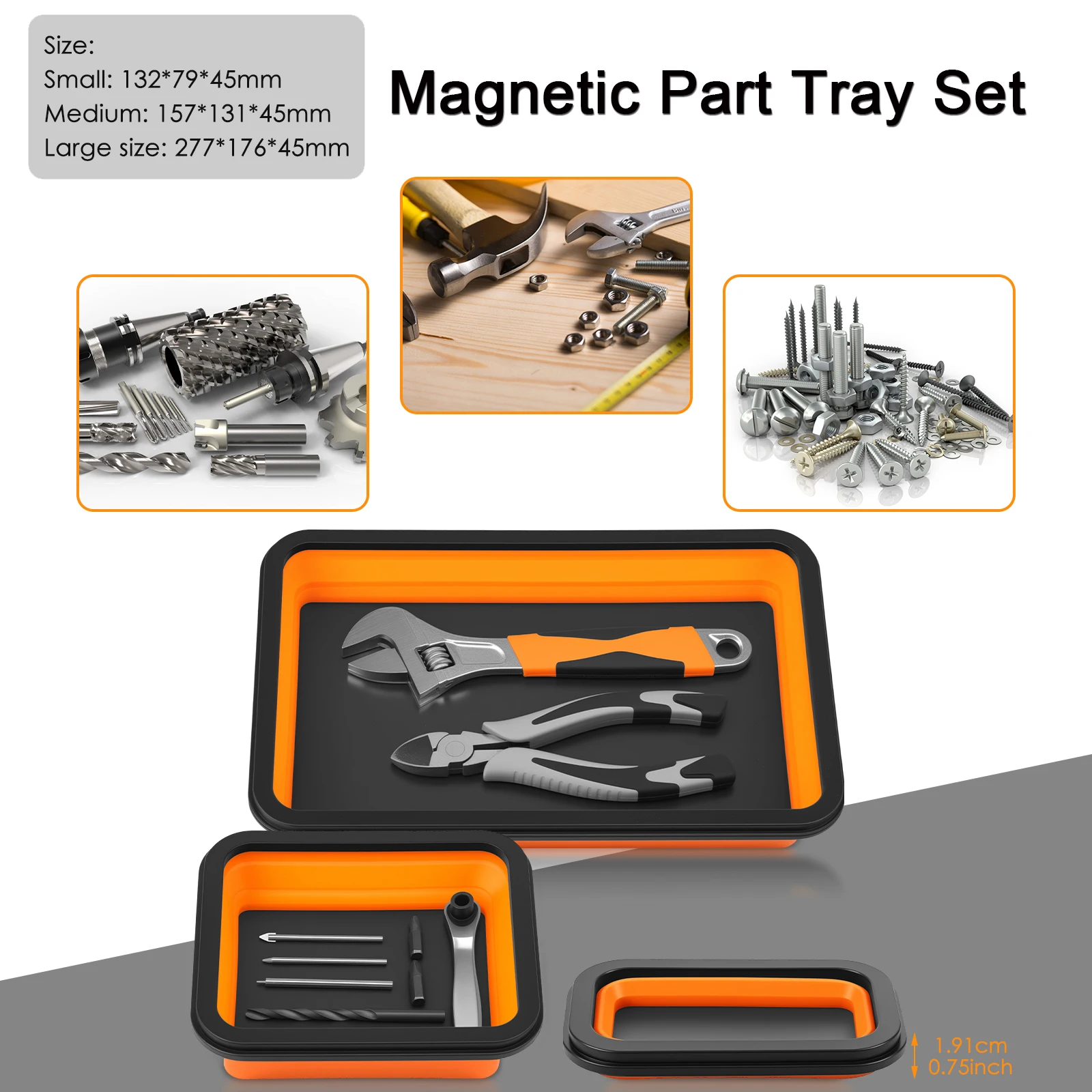 مجموعة صينية الأجزاء المغناطيسية القابلة للطي 3 صواني أدوات مختلفة الحجم للبراغي والمسامير والصواميل والغسالات والدبابيس والأجزاء المعدنية الصغيرة الأخرى
