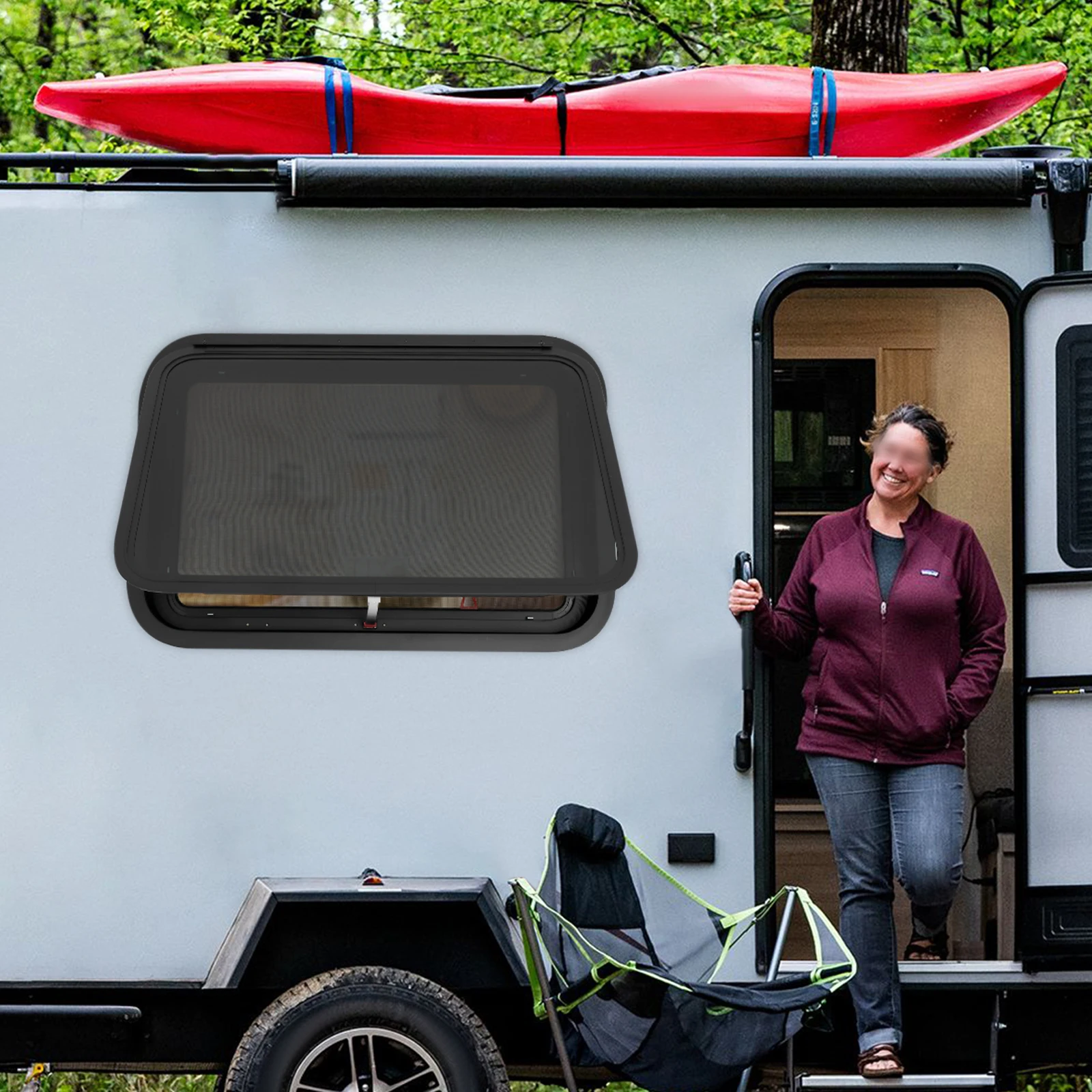 نافذة خروج RV سوداء من سبائك الألومنيوم والزجاج المقسى يفتح يدويًا نافذة الهروب في حالات الطوارئ لاستبدال شاحنة التخييم المتنقلة