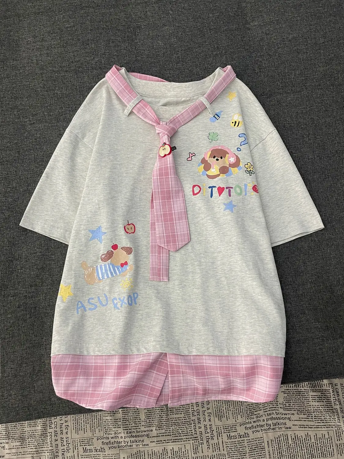 

Girls Lolita Cartoon Puppy Print Shirts Women Tie T Shirt Japanese 2000s Style Y2K Summer Tshirt Shoujo Cute Oversized Tee