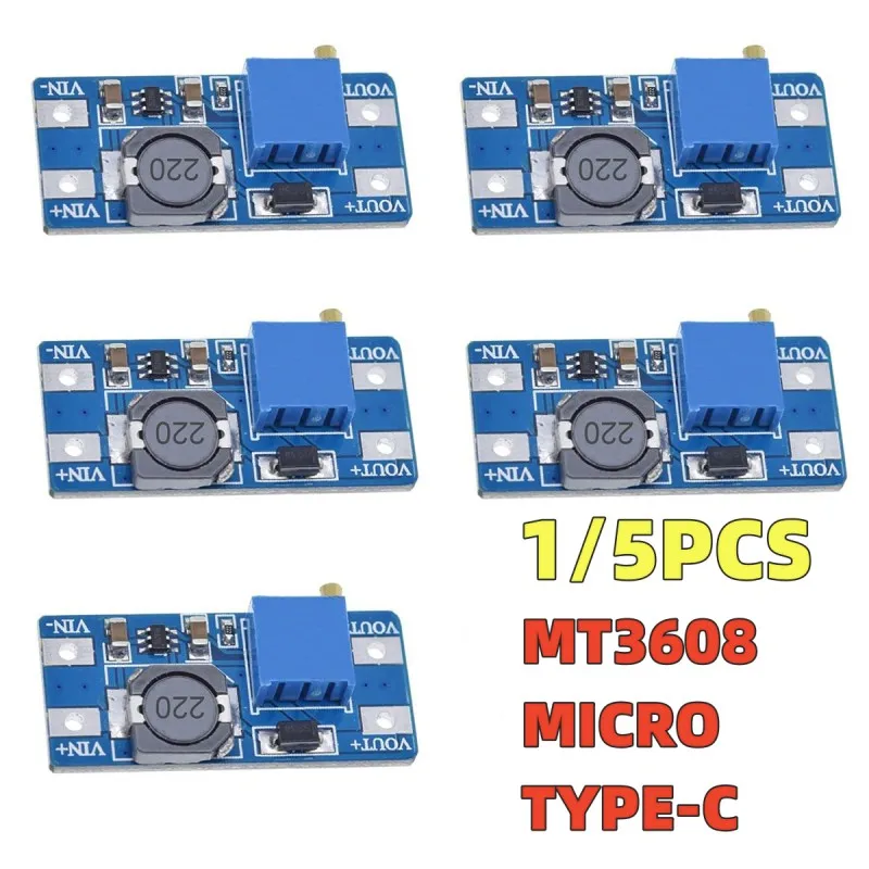 1PCS/5PCS MT3608 DC-DC Adjustable Boost Module 2A Boost Plate Step Up Module with MICRO USB 2V-24V to 5V 9V 12V 28V