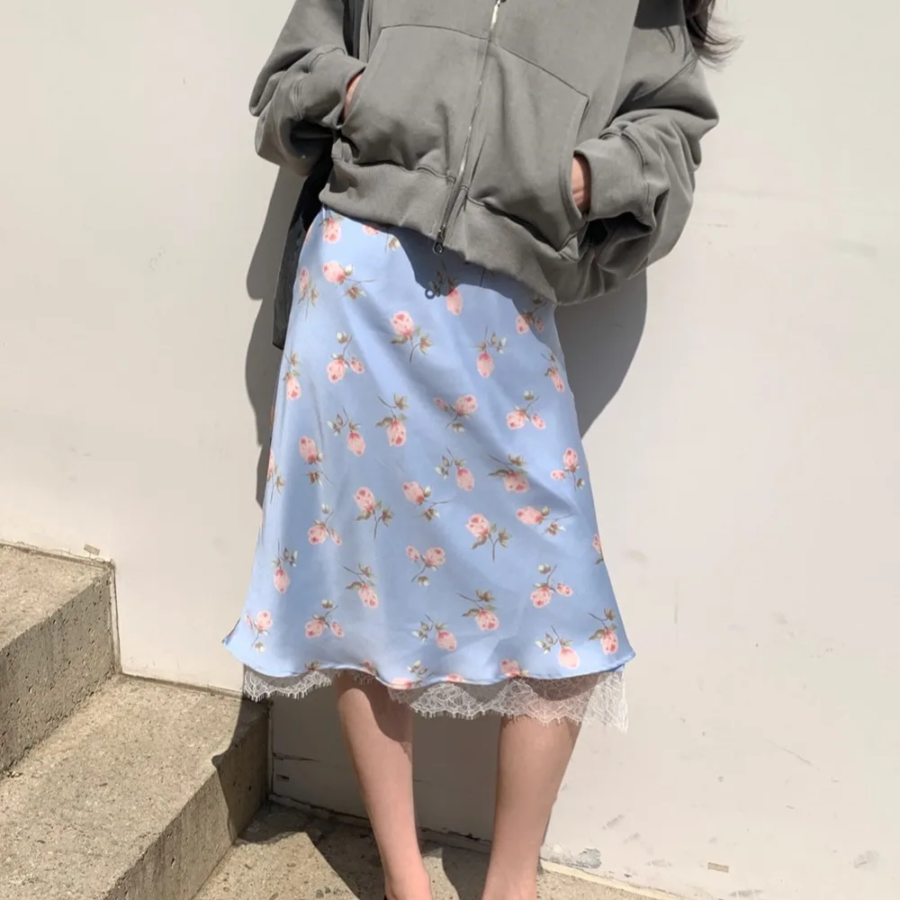

2026 Summer New Korean Style Chic Fashionable Versatile Minimalist Two Color Lace Splicing Print Half Skirt Ladies mid Waist ...