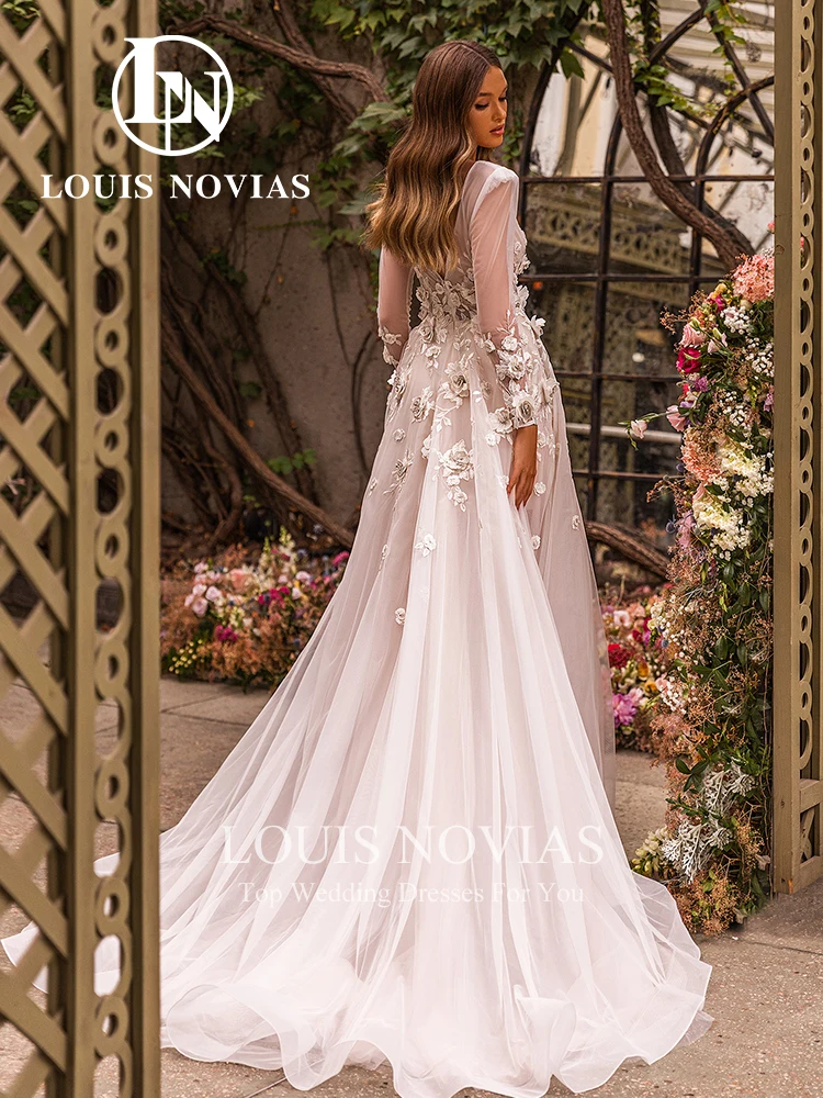 LOUIS NOVIAS A-Line Wedding Dresses 2024 Deep V-neck Backless Bridal Gown 3D Flowers Appliques Wedding Gown Vestidos De Novia