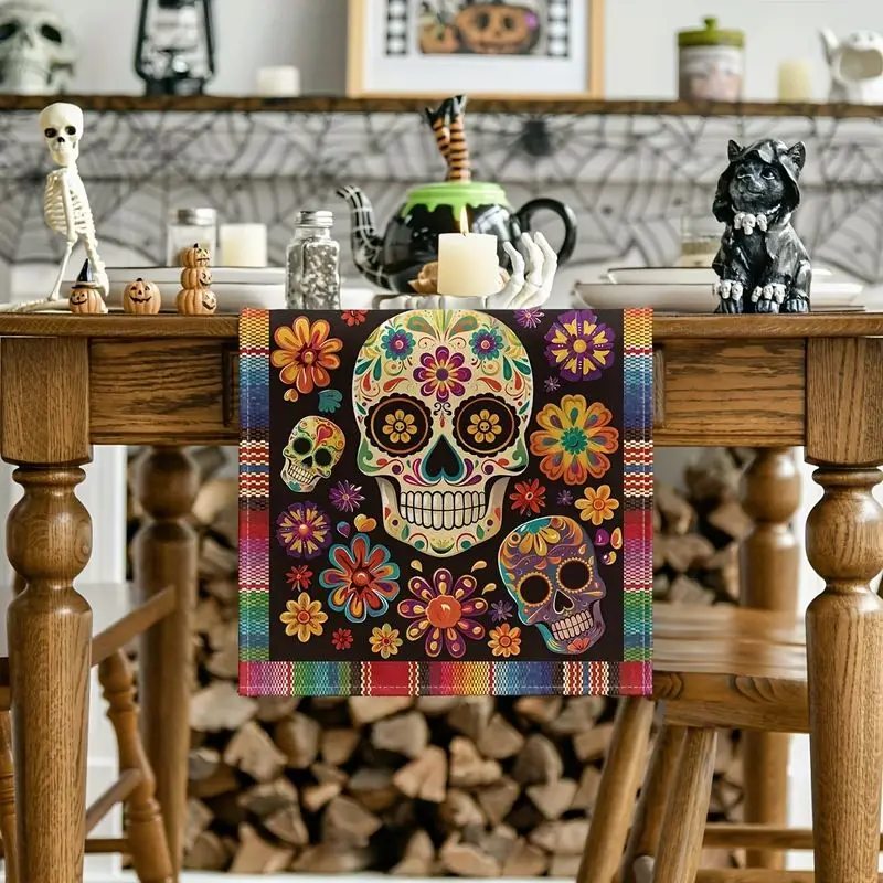 VIKAMA Day of The Dead Table Runner Sugar Skull Colorful Floral Mexican Festival Dining Table Party Home Decor Supplies