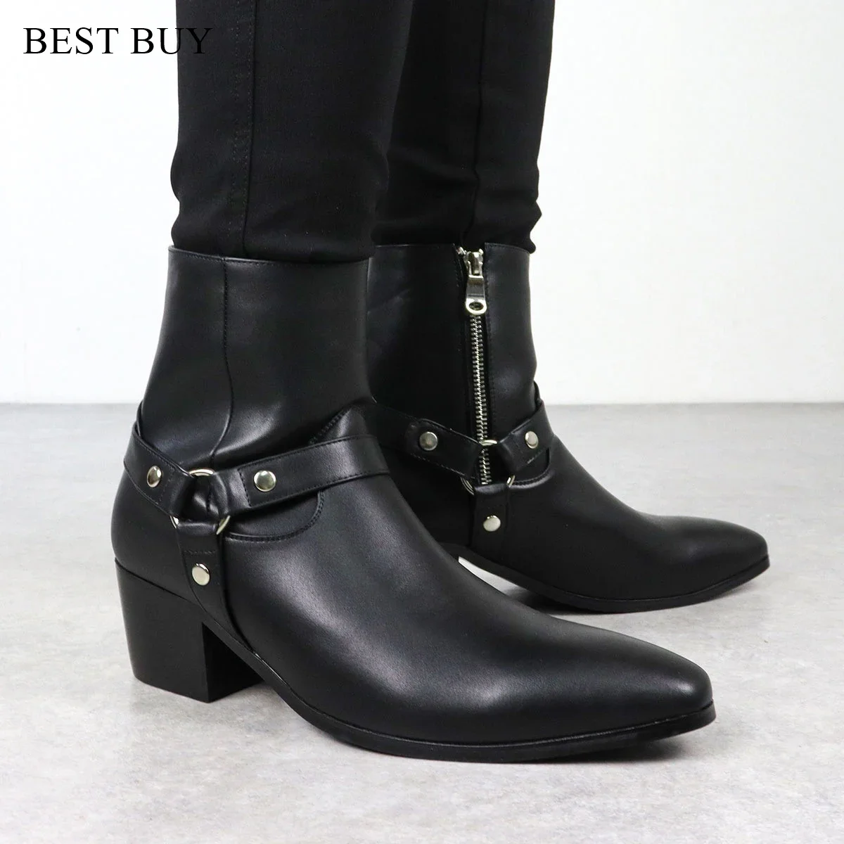 New Black Men Chain Belt Chelsea Boots High Quality Real Leather Buckle Fashion Business Casual Party Daily Versatile Men Shoes