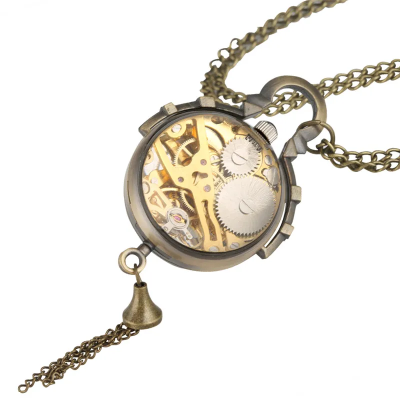 Antique Transparent Glass Ball Shape Men Women Hand-Winding Mechanical Pocket Watch Roman Numeral Pendant Chain Clock