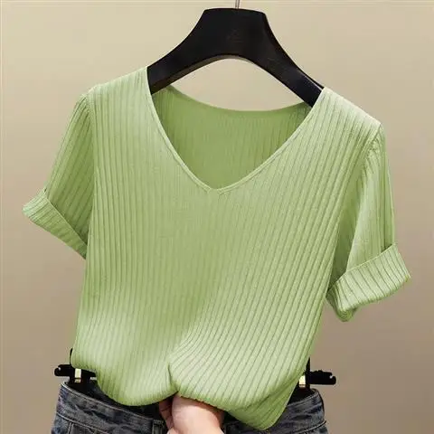 Green beauty Summer Thin Ventilation Office Lady Cloth Women T-shirts Knitting Crop Short Sleeve Stretchy T-shirt Ice silk Tops