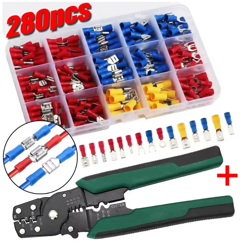 Multi-Function 4-in-1 Electric Crimping Plier Kit With 140/280Pcs Spade Terminal Wire Stripping Cutting Connetor Crimping Tool