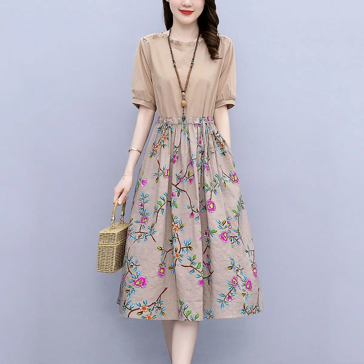 

Summer Cotton and Linen Mid-length Dress 2021 New Female Stitching Floral Short-sleeved High-end Linen A-line Dress dresses