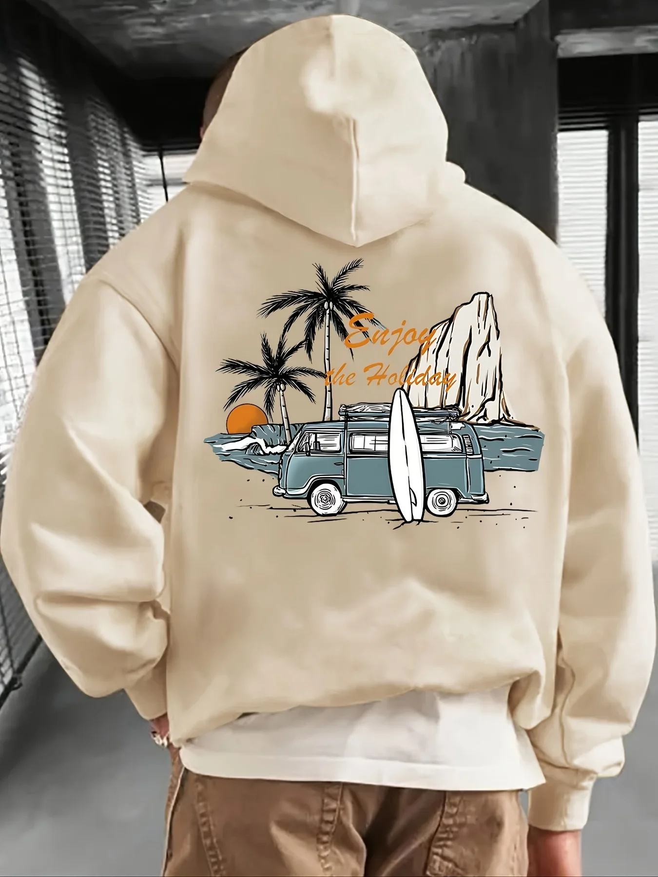 Men's Essential Minimalist Autumn/Winter Coconut Tree Print -Lined Hooded Sweatshirt