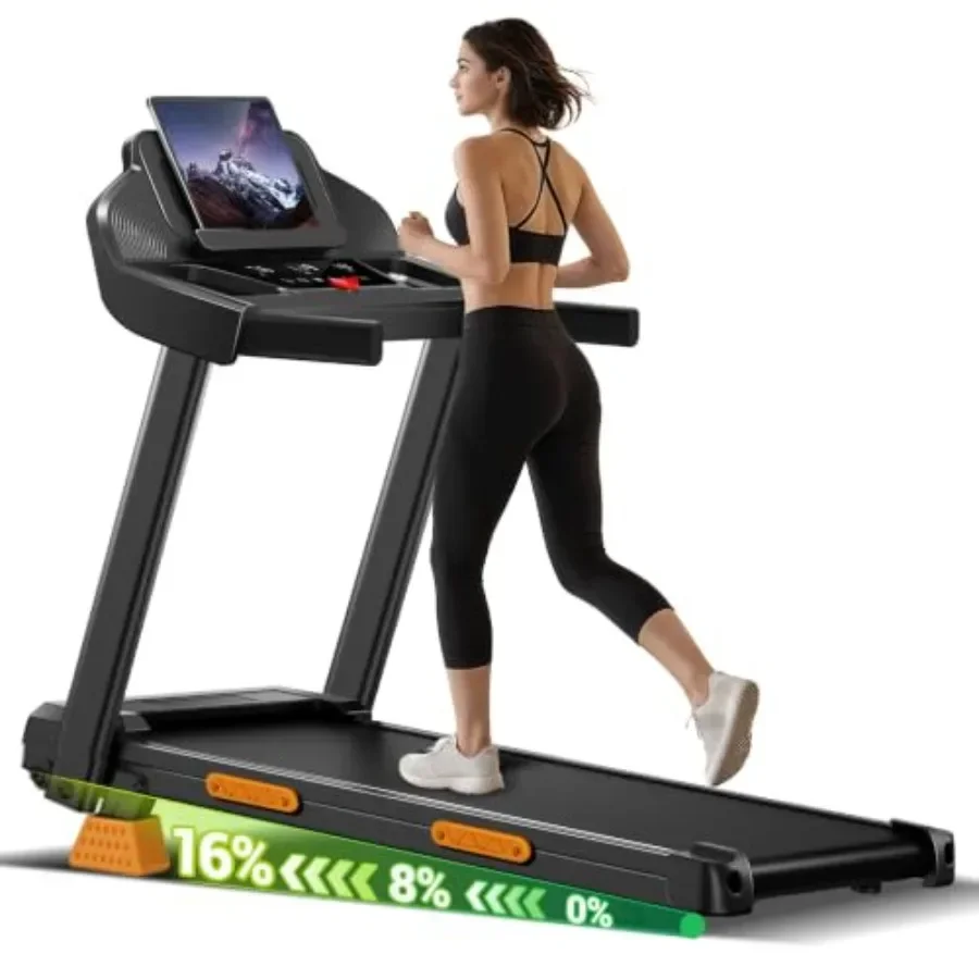 Home use folding treadmill with 16 incline, steel frame, black color, quiet 3.0HP motor, LED screen, 400lbs capacity, 7-layer s