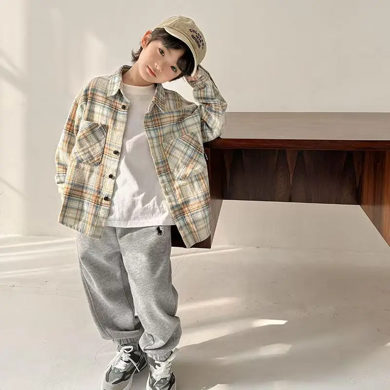 

Boys' Plaid Shirt Spring Autumn New Style Casual Long Sleeve Top Coat Children's Checkered Long Sleeve Spring Autumn Wear