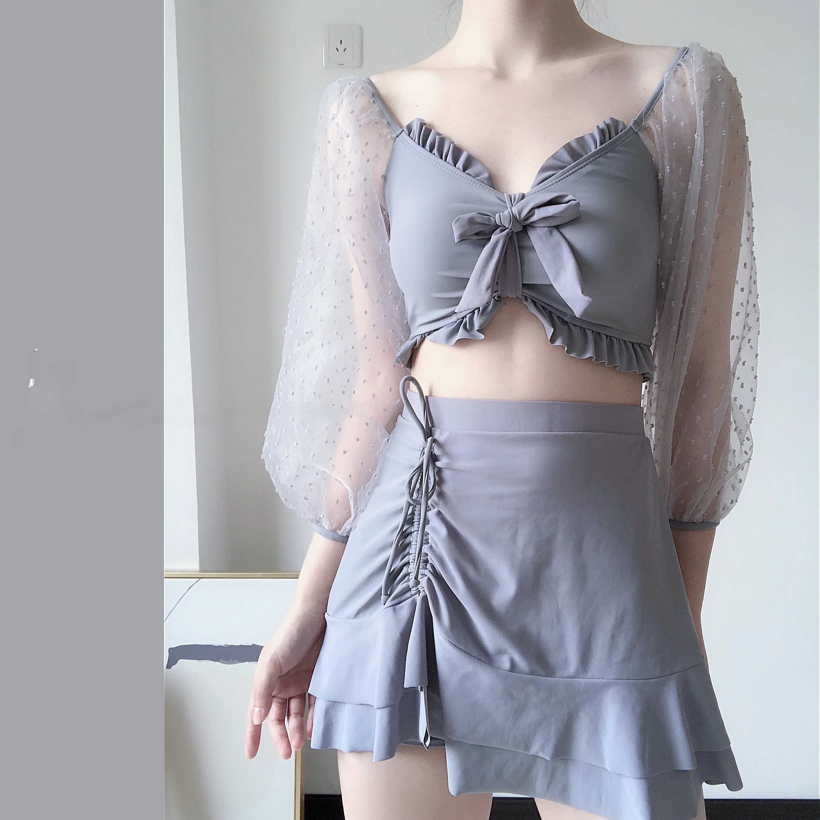 

2025 New Women's Fairy Sle Tee-piece Conservatively Covered Belly Slimming Skirt Swimsuit V-ne Beach Thermal Spring Use