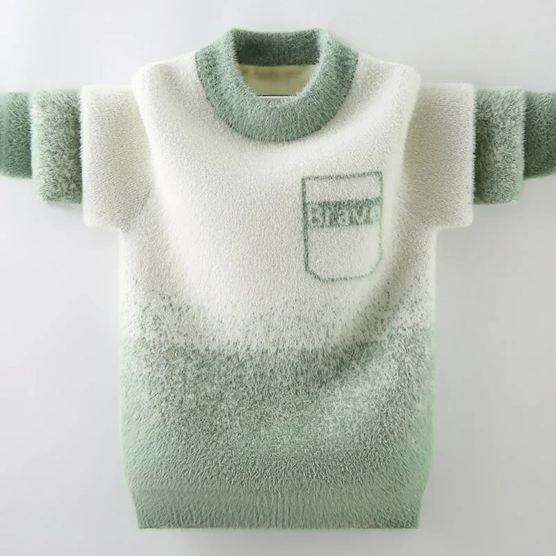 Children's Thickend Plush Pullover Sweaters 2023 Autumn Winter New Fluff O-Neck Knitwear Lattice Sweaters for Boys 4-12T