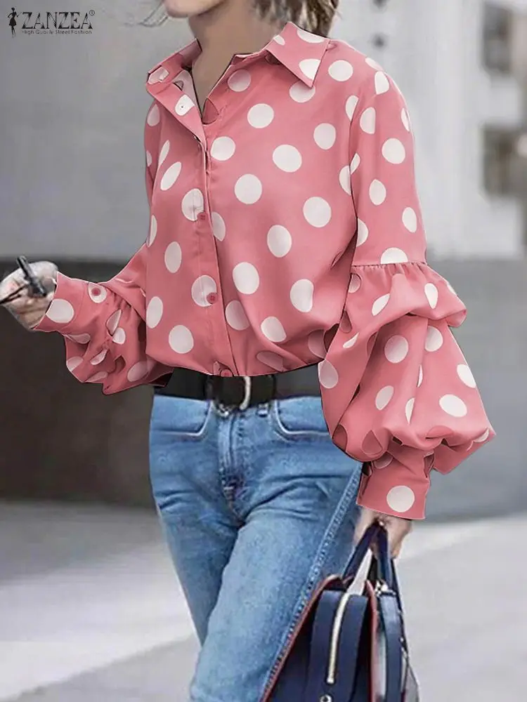 قمصان أنيقة منقطة من ZANZEA بلوزة أنيقة للخريف بأكمام طويلة وفانوس 2025 بلوزات نسائية برقبة على شكل طية صدر السترة OL بلوزات نسائية للعمل