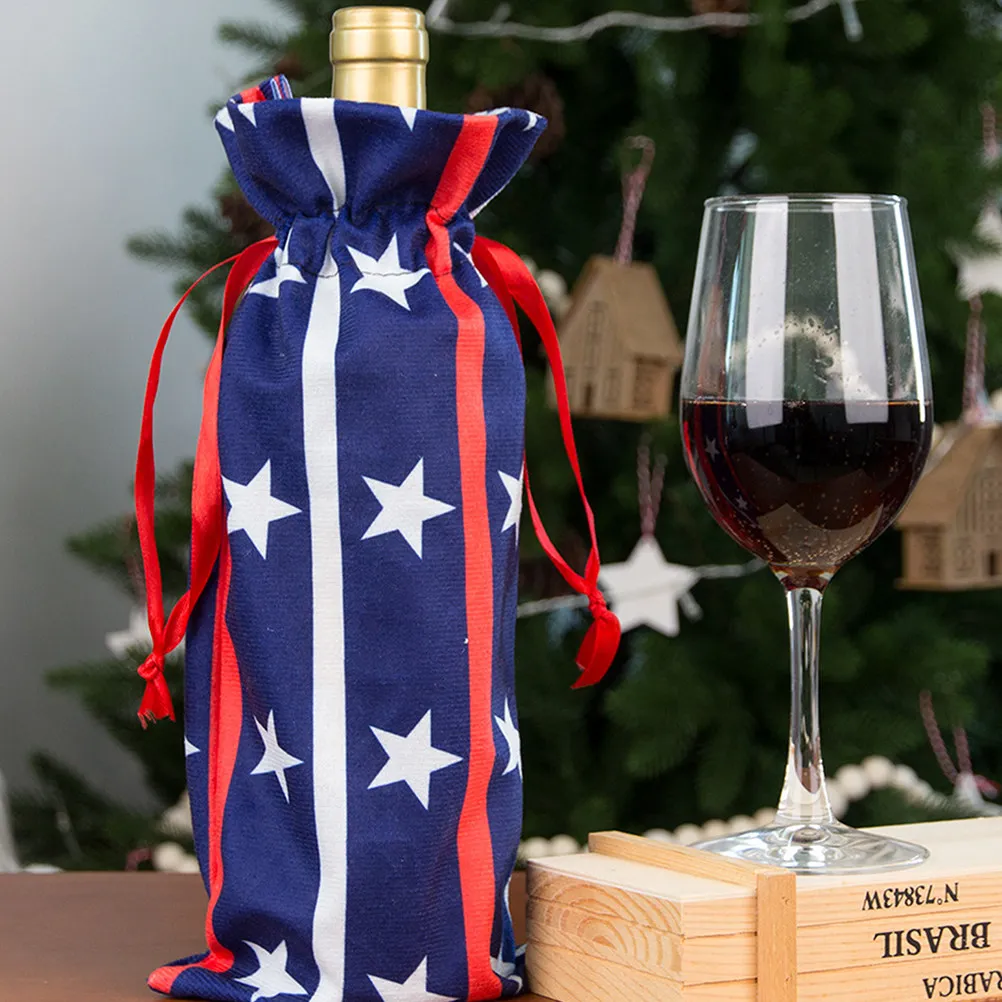 4Pcs United States Independence Day Wine Bottle Bag Set Design Patriotic Red White Blue Drawstring Wine Cover