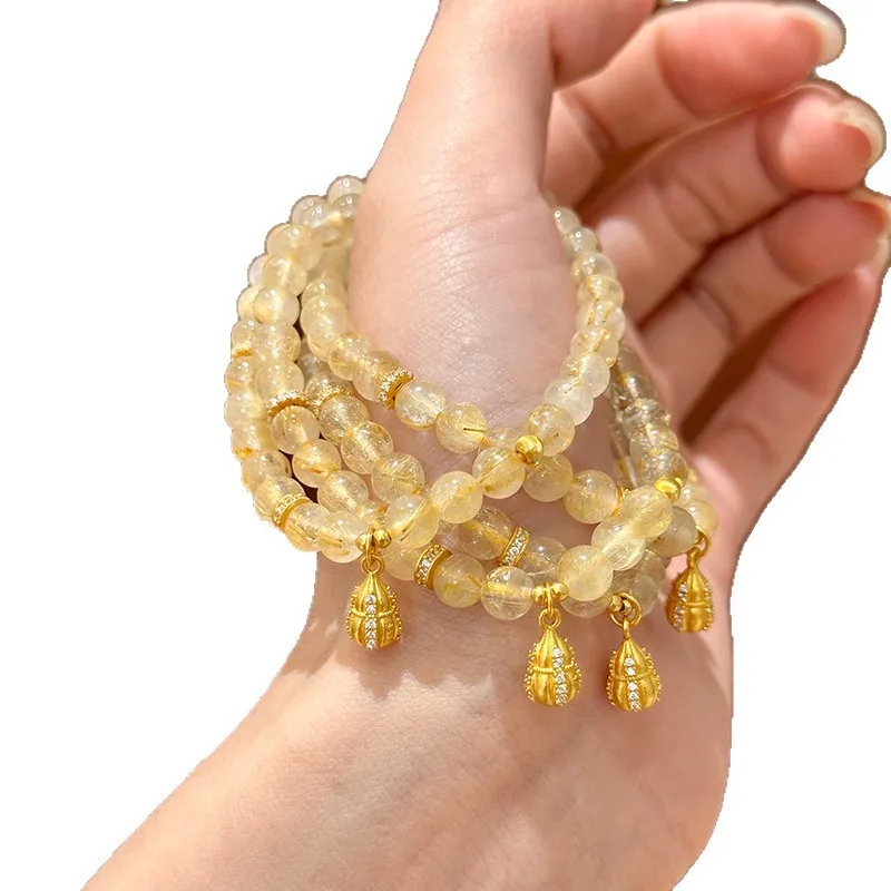 Natural Golden Rutilated Quartz Citrine Bracelet Gourd Pendant Beaded Bangle Fashion Lucky Jewelry For Women Daily Wear