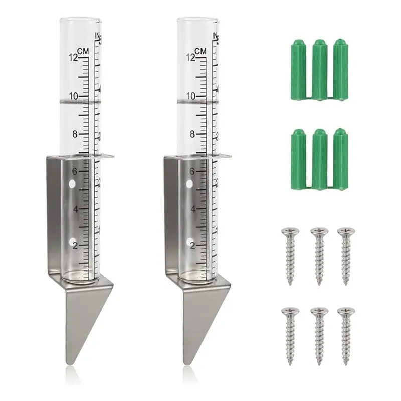 ABGG-2Pcs Rain Gauges Outdoor, 5 Inch Capacity Glass Rain Gauge With 2 In 1 Stainless Steel Holder Rain Gauge Stake