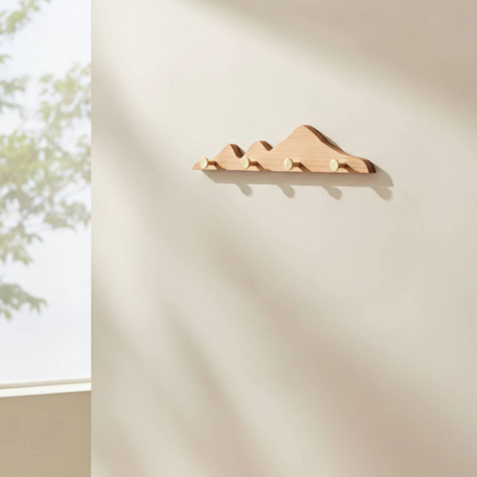 Wall Hook Rack with Brass Hooks Space-Saving Mountain Hook Rack Wood Coat Hooks Compact Slim for Renters, Entryway, Bedroom