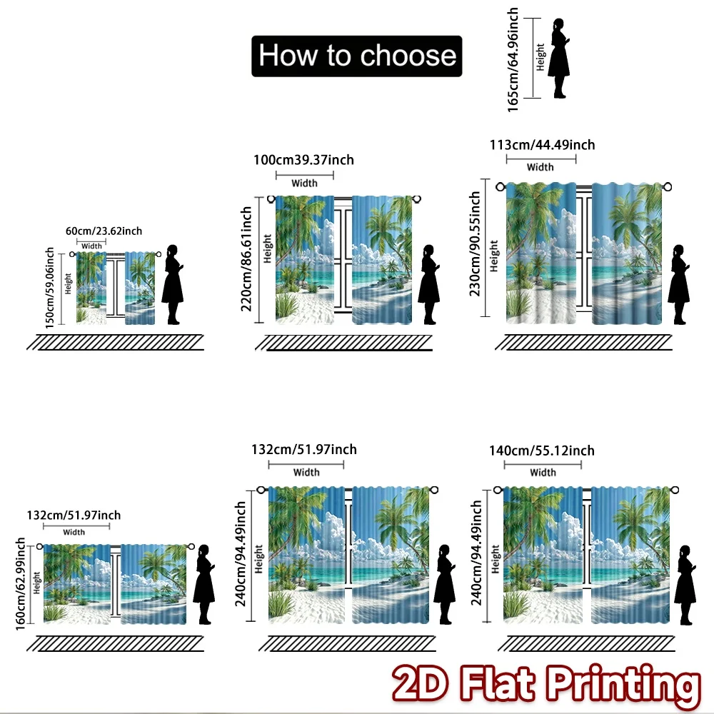 2D flat 2pcs Curtain Vintage drapes and curtains Tropical Beach Paradise Durable polyester fiber Birthday Party Perfect for New