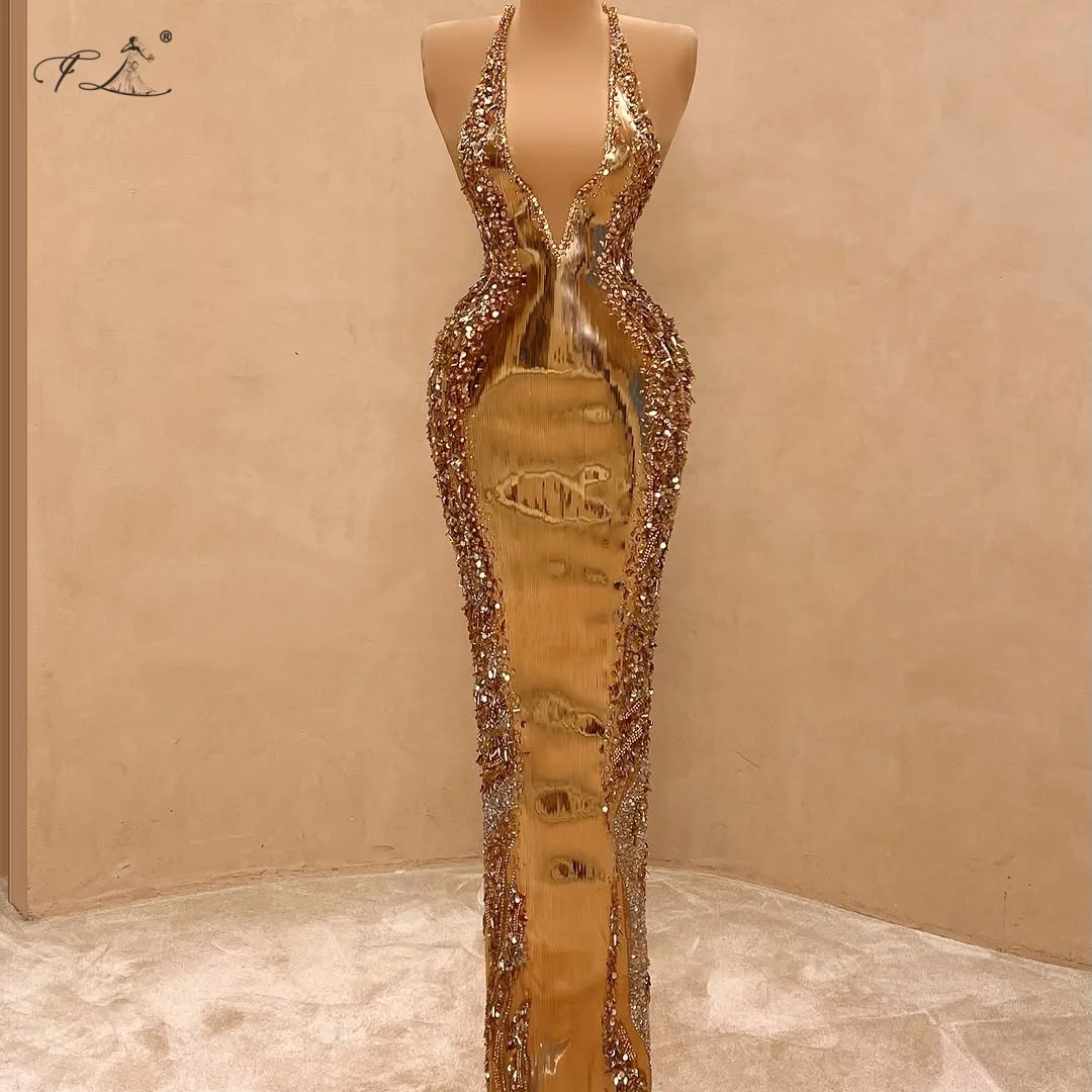 فستان سهرة مثير مطرز بالترتر الذهبي المتلألئ برقبة رسن فستان حورية البحر عميق على شكل حرف V فستان ذيل السمكة فستان حفلة قابل للتخصيص #1