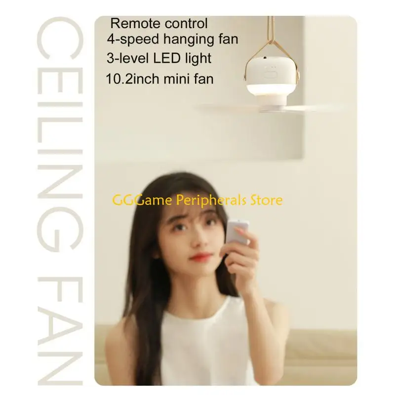 U55B 10inch Canopy Fan Tent Fan Ceiling Fan USB Camping Fan with LED Light Hanging Fan for Dormitory Bedside Tent Library