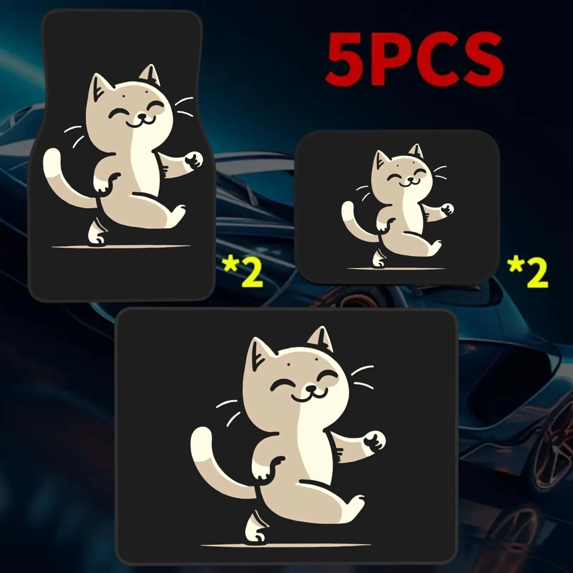 2D Flat 5pcs Cartoon Cat Taking A Step 4 Car Floor Mats & 1 Car Trunk Mat Set, Stylish Vehicle Accessories, Perfect Gift For Hal