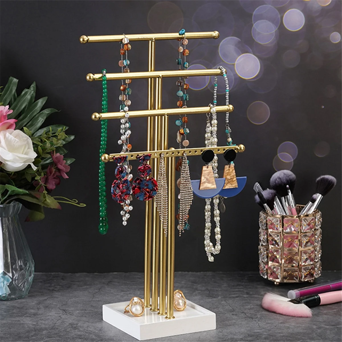 Gold 4 Tiers T-Shaped Jewelry Rack Earring Storage Rack Jewelry Display Rack Necklace Display Rack for Girls to Organize