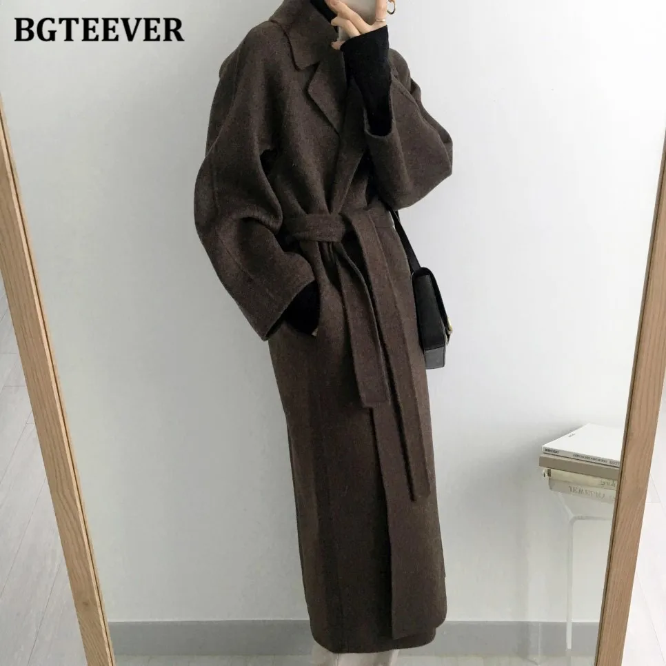 BGTEEVER Chic Elegant Thick Warm Ladies Woolen Overcoats Winter Outwear Long Sleeve Loose Pockets Female Lace-up Blend Jackets