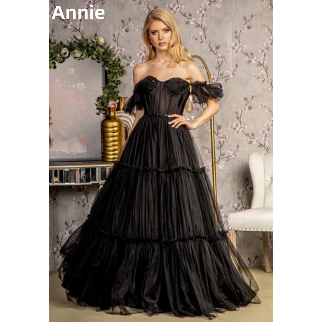 

Annie Black Elegant Wedding Dress Sequined Beaded Tulle Prom Dresses A-line Strapless Princess Bespoke Occasion Dresses