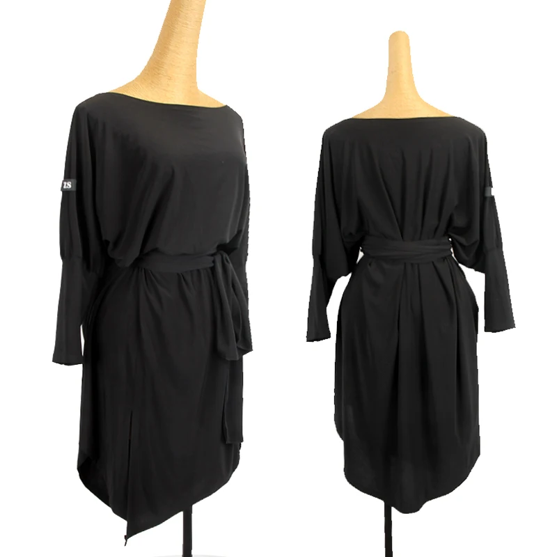 

New Irregular Loose Black Latin Dance Dress Women Long Sleeves Practice Clothes Rumba Modern Dance Clothing Slit Dress DNV21664