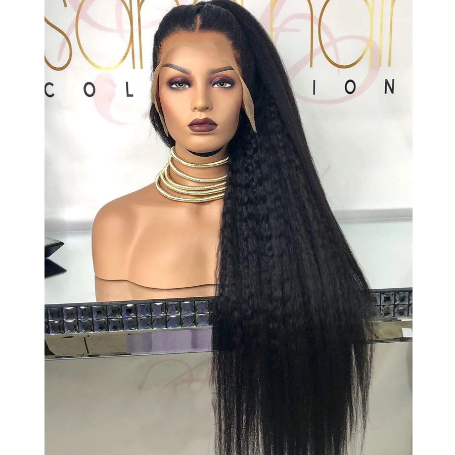 

Soft Yaki 180%Density 26inch Natural Black Long Kinky Straight Lace Front Wig For Women Baby Hair Glueless Preplucked Daily